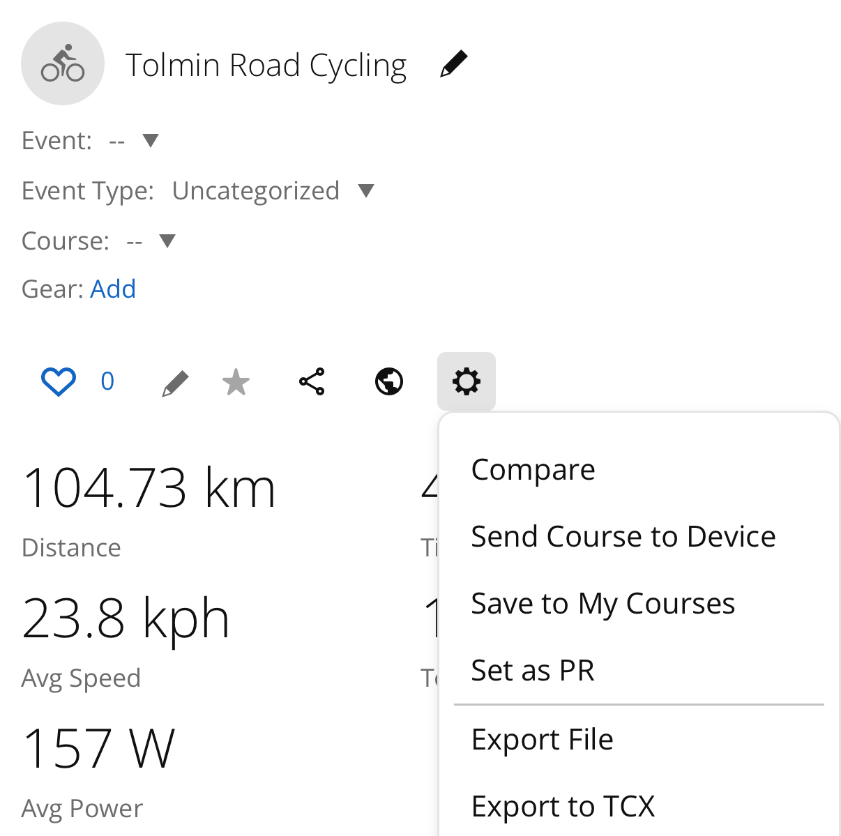 A ride's page in Garmin Connect. Under the ride's name is a row of
            small icons — heart, pencil, star, share, globe, gear — and the gear
            at the end is pressed, with a menu open below it reading Compare,
            Send Course to Device, Save to My Courses, Set as PR, then Export
            File and Export to TCX.