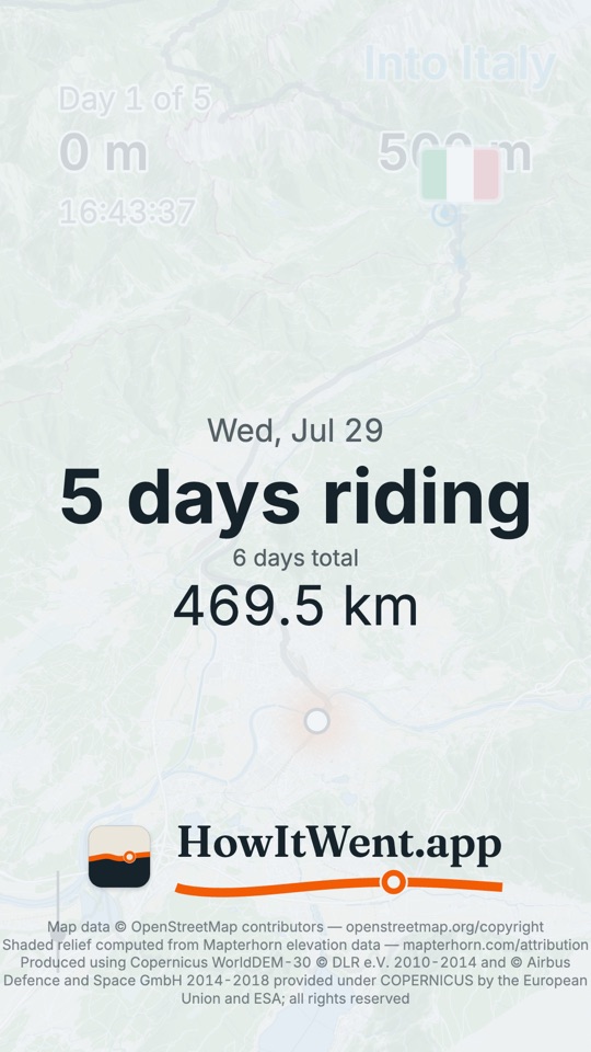 The free opening: a title card over the faded map, reading Wed, Jul 29, 5 days riding, 6 days total, 469.5 km.