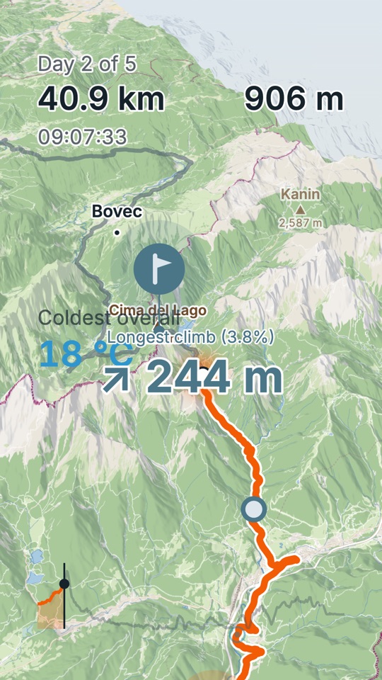 Day 2 of 5: the track climbing through mountains drawn in 3D, Kanin labeled 2,587 m