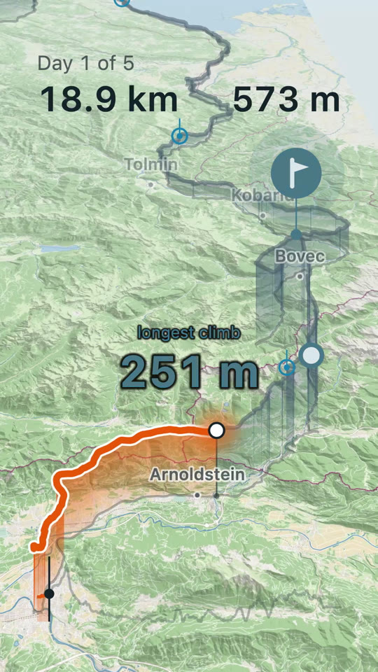 A film frame: an orange route drawn across a tilted map of the Julian Alps, the day's longest climb standing up off the map as a translucent wall, captioned 251 m.