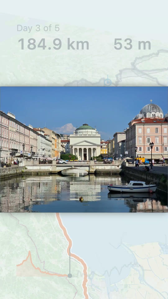 A photograph of the Canal Grande in Trieste shown over the map, pinned to the point on the track where it was taken.