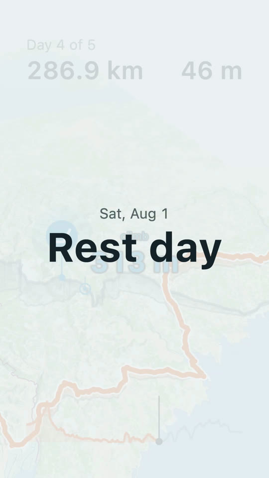 A quiet card over a faded map: Sat, Aug 1 — Rest day.