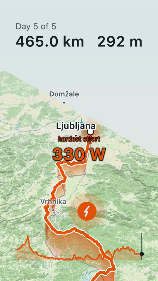 The route near Ljubljana with a highlight marker, captioned hardest effort, 330 W.