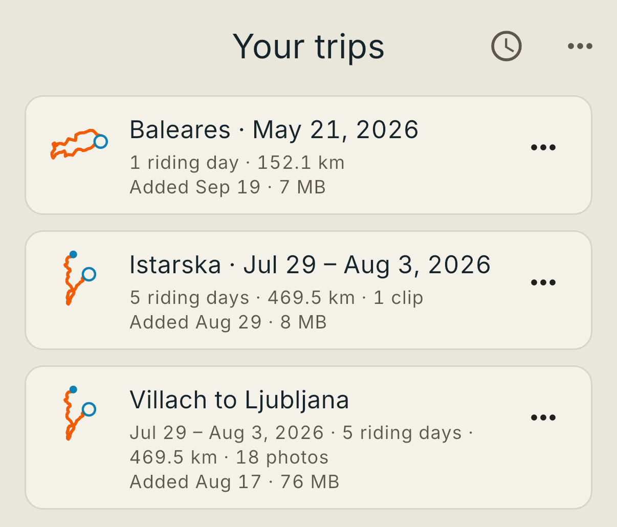 The Your trips list on an iPhone a moment after the app opened, with three trips fully drawn, each with its route outline: Baleares, one riding day of 152.1 km, and Istarska and Villach to Ljubljana, five riding days of 469.5 km each. Taken September 19, 2026.