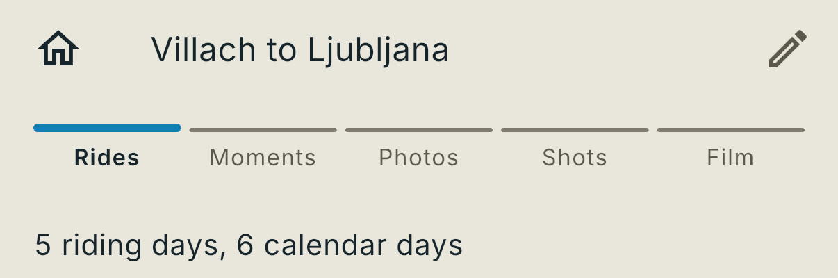 The top of an iPhone screen with the trip name Villach to Ljubljana, and under it five labeled steps, Rides, Moments, Photos, Shots and Film, with Rides underlined as the current one. Taken September 19, 2026.