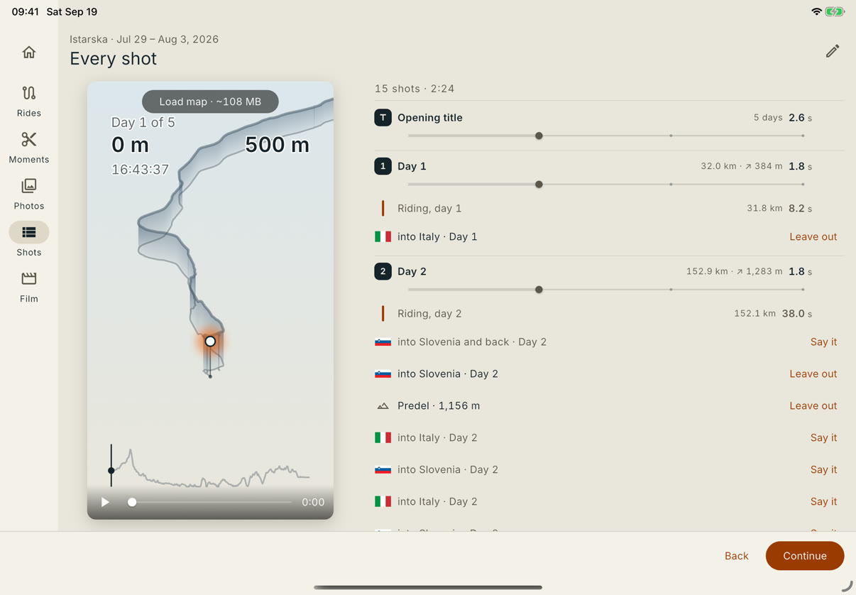 The Shots step on an iPad in landscape, just after the trip Istarska arrived from an iPhone and before its map was loaded. The list names what the trip crosses: into Italy on day 1, then into Slovenia and back, into Slovenia, Predel · 1,156 m and into Italy on day 2. Taken September 19, 2026.