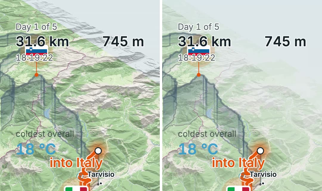 The same moment of a film twice, side by side, looking north over the mountains above Tarvisio on day 1. On the left, at Hard, the map stops in a straight diagonal line against the pale sky. On the right, at Softest, the map fades into the sky well before that line.