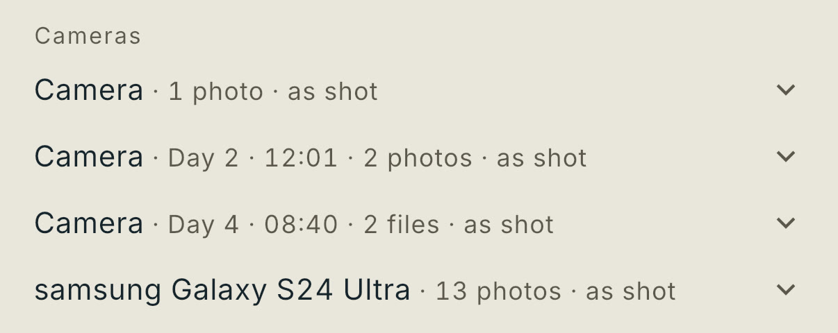The Cameras list on the Photos step of an iPhone: Camera, 1 photo; Camera, Day 2 · 12:01, 2 photos; Camera, Day 4 · 08:40, 2 files; and samsung Galaxy S24 Ultra, 13 photos. Every row reads as shot. Taken September 19, 2026.