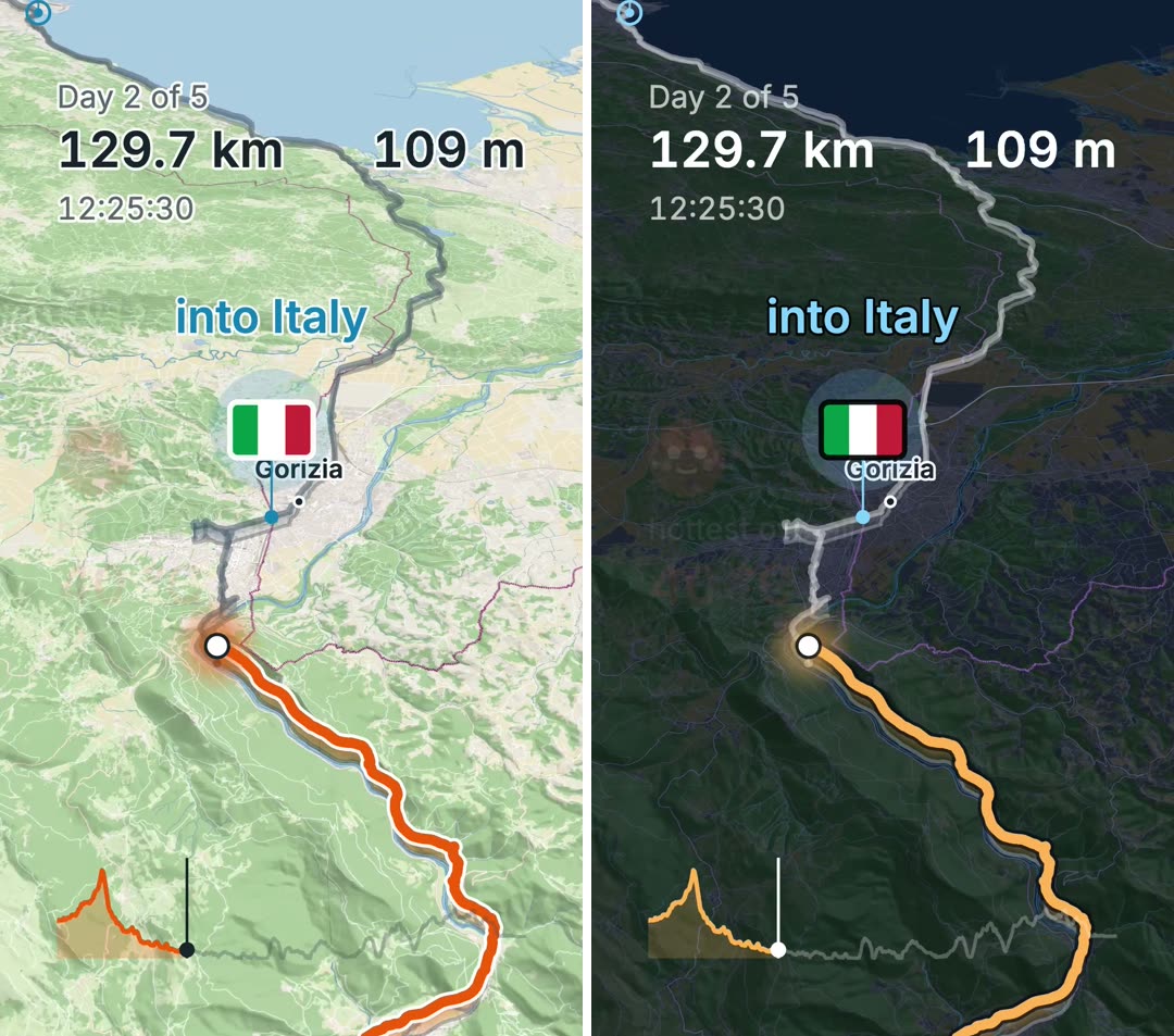The same moment of a film twice, side by side, on day 2 at 129.7 km as the route crosses into Italy at Gorizia. On the left, in Daylight, the map is green with a blue sea and an orange track. On the right, in Dark slate, the map is near-black with a navy sea and the track in a lighter orange.