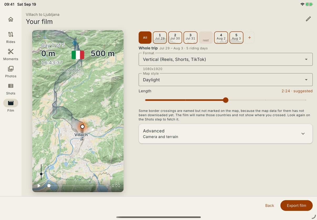The Film step on an 11-inch iPad in landscape. Rides, Moments, Photos, Shots and Film run down a rail on the left, the film of Villach to Ljubljana stands in its own column over a map of Villach, and Format, Map style, Length and Advanced sit in a column to its right. Taken September 19, 2026.